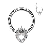 16G Sparkling Multicolor Stone Heart Crown Top 8mm Surgical Steel Seamless Hinged Septum Clicker Ring.